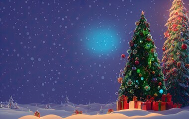 Christmas tree and gifts on blue background with copy space in generative AI
