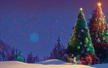 Christmas tree and gifts on blue background with copy space in generative AI