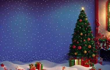 Christmas tree and gifts on blue background with copy space in generative AI