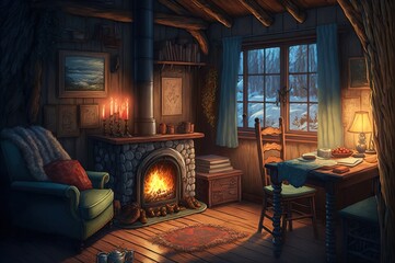 interior of a fantasy winter cabin with fireplace, warm and cozy - Generative AI Art Illustration	