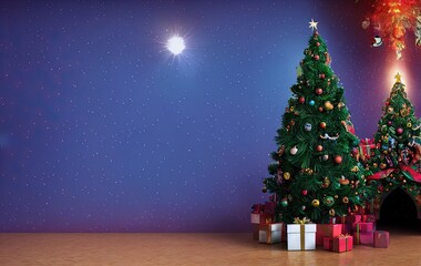 Christmas tree and gifts on blue background with copy space in generative AI