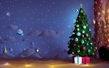 Christmas tree and gifts on blue background with copy space in generative AI