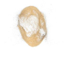 Sand flying explosion, Golden sand wave explode. Abstract sands cloud fly. Yellow colored sand splash throwing in Air. White background Isolated high speed shutter, throwing freeze stop motion