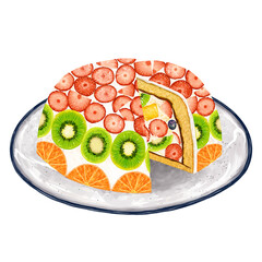 お皿に載ったフルーツケーキ　ズコットケーキ　ドームケーキ　ホールケーキ
