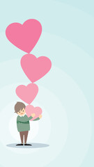 illustration of man carrying abstract big heart as a gift on light blue vertical background and have blank space for advertisement wording. Valentine's day greeting card template.