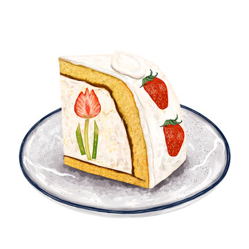皿に載った苺のドームケーキ　ショートケーキ　タルギケーキ　韓国スイーツ
