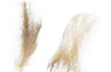 Sand flying explosion, Golden sand wave explode. Abstract sands cloud fly. Yellow colored sand splash throwing in Air. White background Isolated high speed shutter, throwing freeze stop motion