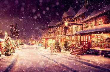 Decorated house with christmas lights illustration Winter Village Landscape. Christmas Holidays.