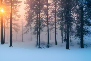 snow covered trees in the forest at sunrise created with Generative AI