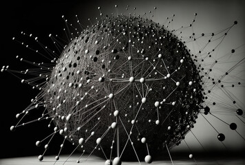 A huge network of pins connected by strings serves as a metaphor for communication technologies. Generative AI
