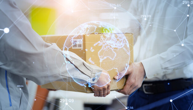 Delivery person handing over luggage. International shipping network concept.