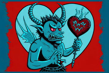 Love as an idea. With a pitchfork, horns, and a tail, the wicked devil heart mackot cartoon creature is displayed on a blue backdrop. Generative AI