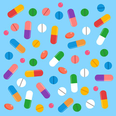 Colorful medicine pills and capsules in flat design.