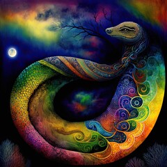 Rainbow serpent Australian Aboriginal dreamtime creation of Australia, its mountains rivers, trees and people, Aboriginal religion and culture, concept illustration