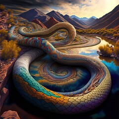 Rainbow serpent Australian Aboriginal dreamtime creation of Australia, its mountains rivers, trees and people, Aboriginal religion and culture, concept illustration - obrazy, fototapety, plakaty