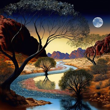 Rainbow serpent Australian Aboriginal dreamtime creation of Australia, its mountains rivers, trees and people, Aboriginal religion and culture, concept illustration
