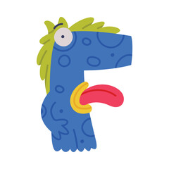 Monster Alphabet with Blue Capital Letter F with Stick Out Tongue Vector Illustration