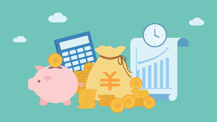 Fototapeta na wymiar Money bag with RMB, piggy bank and histogram isolated on blue background. Investment and finance vector illustration.