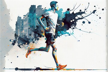 Runner in the city, beautiful abstract painting, smudge, drips, spattered. Colorful creative illustration generated by Ai