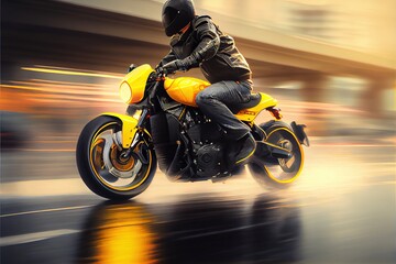 Fototapeta premium Biker on yellow sports bike rides at the city street. Blurred motion, fast speed. Photorealistic illustration generated by Ai
