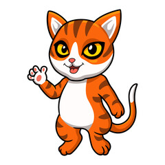 Cute orange tabby cat cartoon waving hand