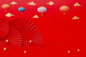 Fototapeta na wymiar 3d rendering Chinese new year day background with colorful lanterns, gold clouds and red fans.