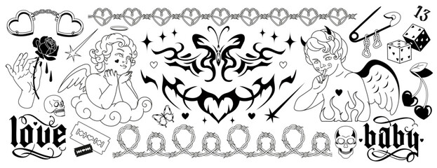 Y2k Tattoo art 90s, 00's silhouettes. Angel, baby demon, butterfly, barbed wire, fire, flame, love art, heart in glam weird style. Vector hand drawn tattoo. Black and white colors, goth stickers.