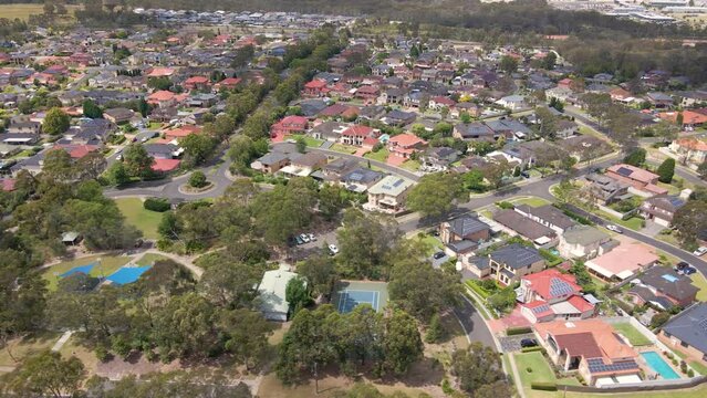 Aerial drone view of Voyager Point in South West Sydney, NSW Australia showing development of housing and parks  