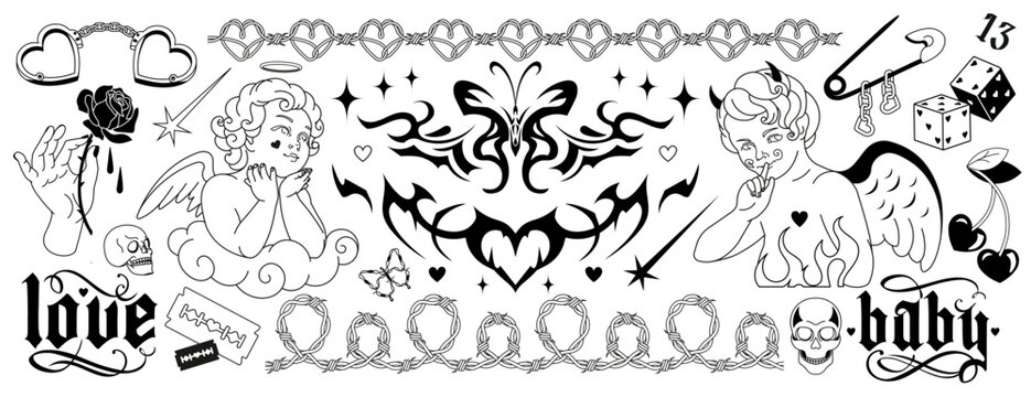 Y2k Tattoo art 90s, 00's silhouettes. Angel, baby demon, butterfly, barbed wire, fire, flame, love art, heart in glam weird style. Vector hand drawn tattoo. Black and white colors, goth stickers.