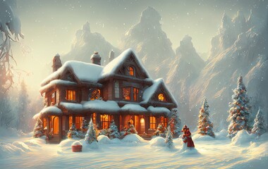 house, trees and mountains in the snow in generative AI