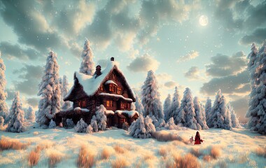 house, trees and mountains in the snow in generative AI