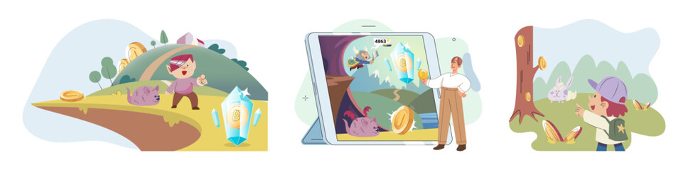 Gaming with cryptocurrency, gameplay to earn, Metaverse, digital world, virtual character . Play to earn games created on basis of blockchain project with elements of NFT. Blackchain mobile game