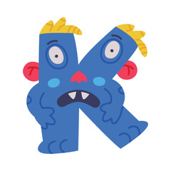 Monster Alphabet with Blue Capital Letter K Vector Illustration