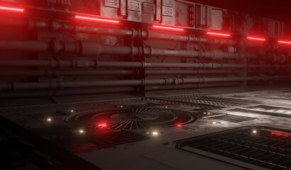 Corridor metal grate with pipe metal in control room in dark scene 3D rendering sci-fi architected wallpaper backgrounds