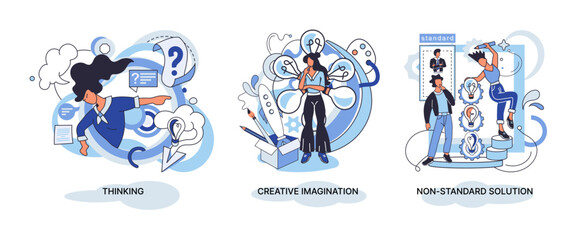 Fototapeta premium Creative thinking. People with different mental mindset types or model creative. Imaginative logical and structural thinking. MBTI person metaphor. Non standart solution. Brain think people solve idea