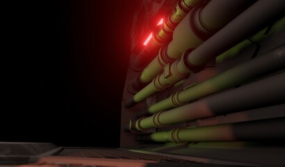 Side view pipe metal control room in dark scene 3D rendering sci-fi architected wallpaper backgrounds