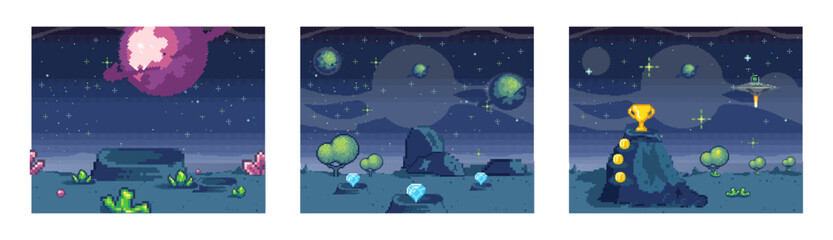 Cosmic scenes set in pixel art. Pixelated location for game or application. Background of space and spaceship. Fantastic landscape with planet, UFO and stars. 8 bit video game. Galactic videogame area