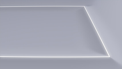 White Surface with Embossed Shape and White Illuminated Trim. Tech Background with Neon Rectangle. 3D Render.