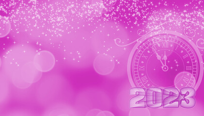 New Year 2023 card with creative clock and fireworks  background