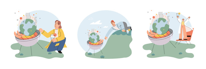 Naklejka premium Climate change weather global greenhouse warming risks metaphor concept. Save planet. Compared planet with renewable eco resources consumption global warmings burning alternative. Environment Day