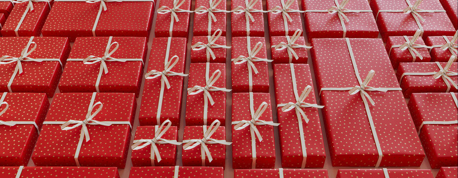 Festive Background with Christmas Gifts Neatly arranged in a Grid. Trendy Red and White banner.