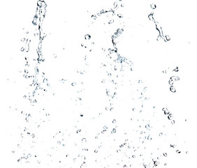 Shape form droplet of Water splashes into drop water line tube attack fluttering in air and stop motion freeze shot. Splash Water for texture graphic resource elements, White background isolated - obrazy, fototapety, plakaty