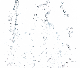 Shape form droplet of Water splashes into drop water line tube attack fluttering in air and stop motion freeze shot. Splash Water for texture graphic resource elements, White background isolated