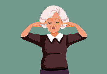 Stressed Senior Woman Covering her Ears Vector Illustration. Unhappy elderly lady being bothered by loud noises 
