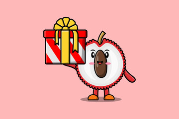 Cute cartoon Lychee character holding gift box in vector icon illustration