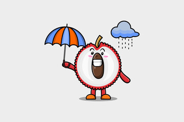 Cute cartoon Lychee character in the rain and using an umbrella in flat modern style design