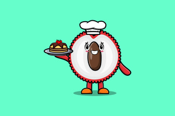 Cute Cartoon chef Lychee character serving cake on tray cute style design in flat cartoon style