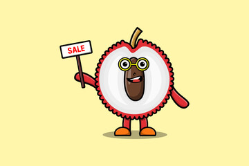 Cute cartoon Lychee character holding sale sign designs in concept flat cartoon style