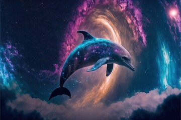 dolphin in the night while jumping out of the ocean with milky way in background, very beautiful