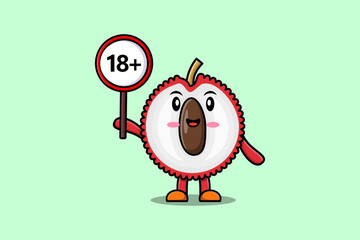 cute cartoon Lychee holding 18 plus sign board in vector character illustration
